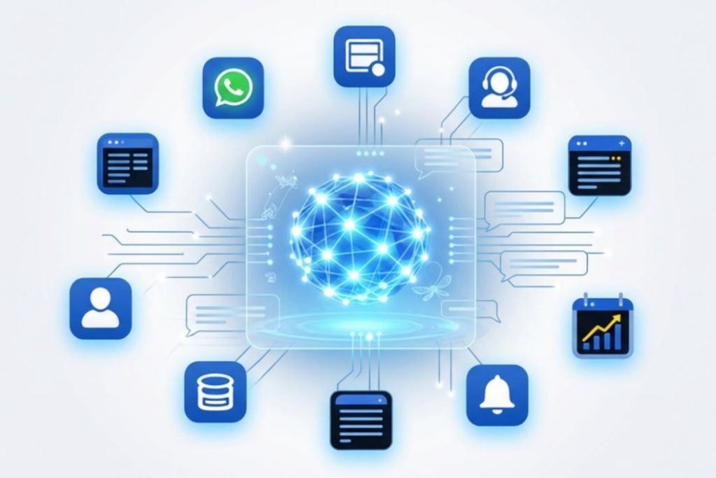 Chatbot IA conectado con WhatsApp, web, CRM y calendario para automatizar la atención y captación de clientes.