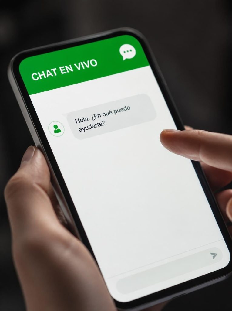 Persona usando un chatbot IA en un teléfono móvil para recibir atención en tiempo real.