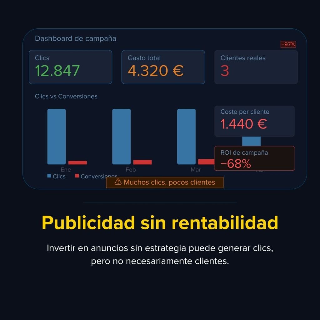 Publicidad digital sin estrategia que genera clics pero no clientes ni conversiones rentables