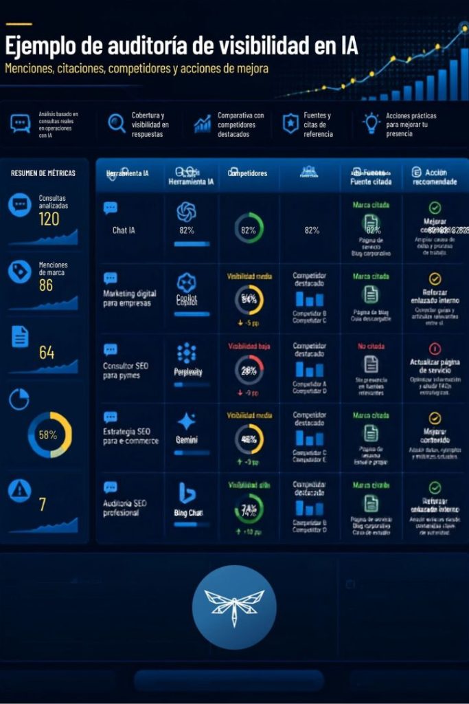 Dashboard de auditoría para medir la visibilidad de una marca en inteligencia artificial con menciones, fuentes citadas y competidores