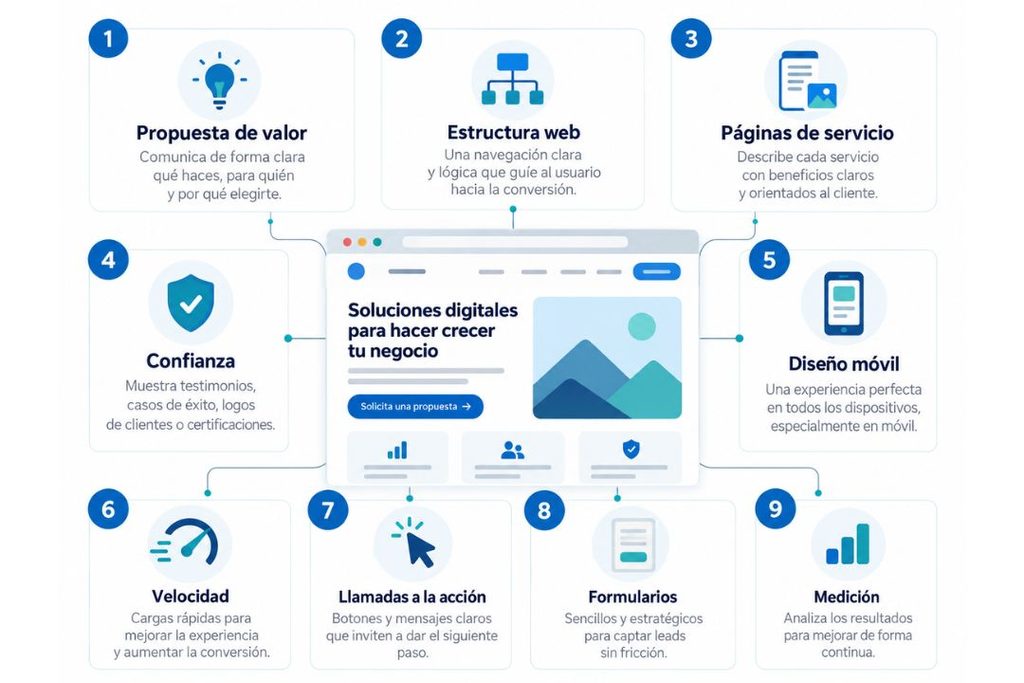 Esquema visual de los 9 elementos esenciales de una página web orientada a captar clientes