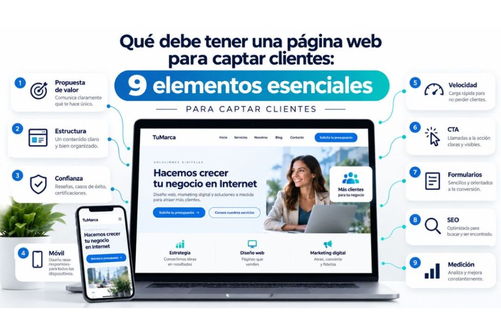Infografía sobre qué debe tener una página web para captar clientes con 9 elementos esenciales como propuesta de valor, estructura, confianza, diseño móvil, velocidad, CTA, formularios, SEO y medición