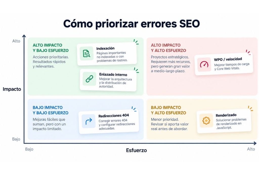 Matriz para priorizar errores SEO según su impacto en el negocio y el esfuerzo necesario para corregirlos